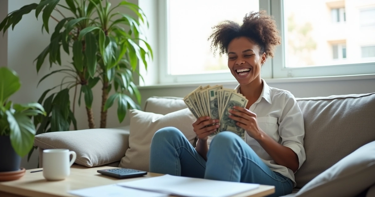 O Que Fazer Com a Reserva de Emergência em 2025? 3 Mulher feliz contando cédulas de dinheiro sentada no sofá