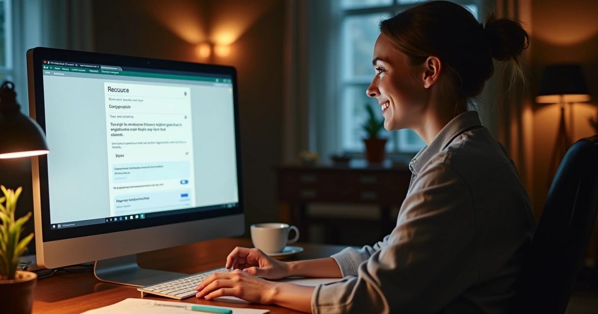 Mulher sorrindo ao receber confirmação de venda no computador. 