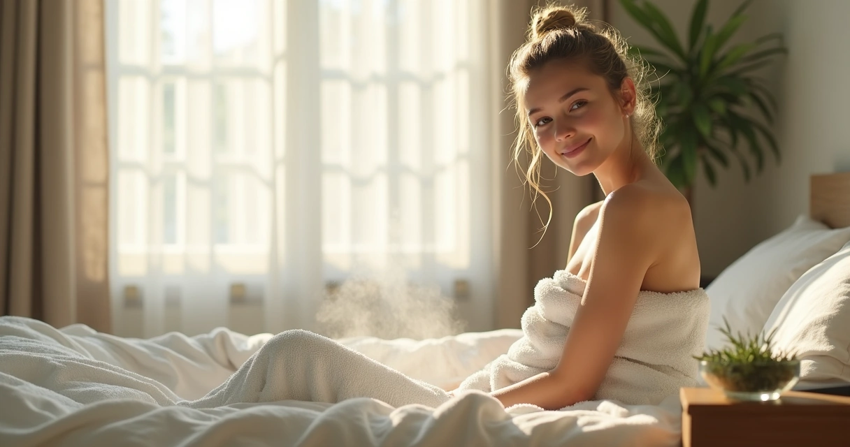 Mulher sorridente sentada após banho de ervas