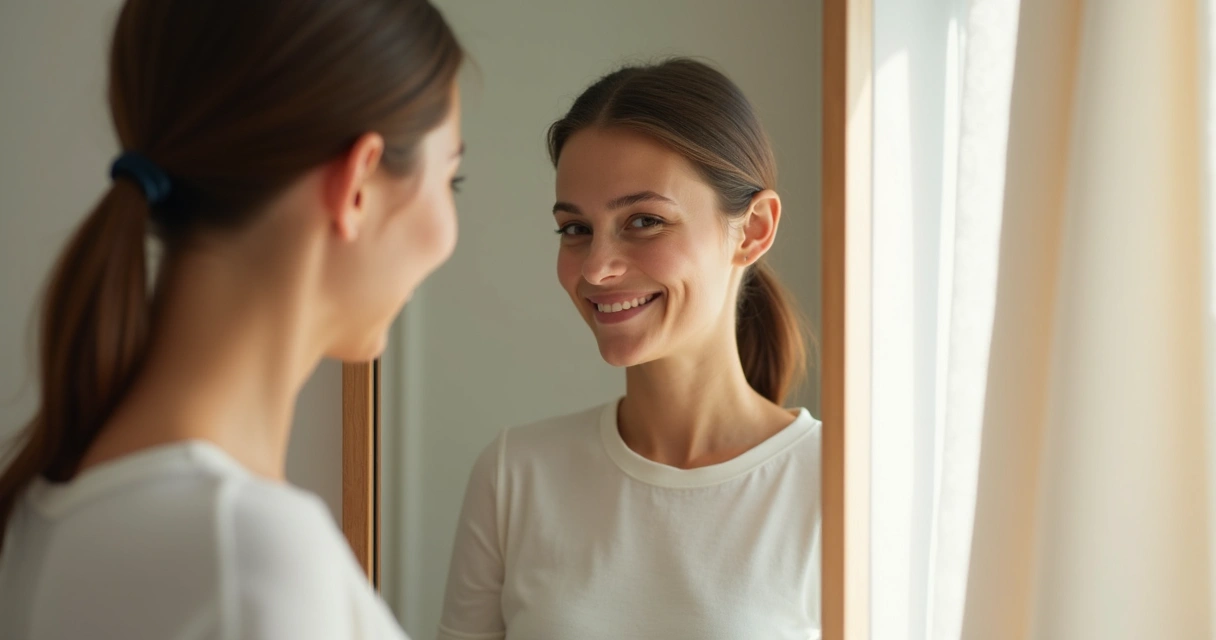 Mulher sorrindo para o espelho com carinho 