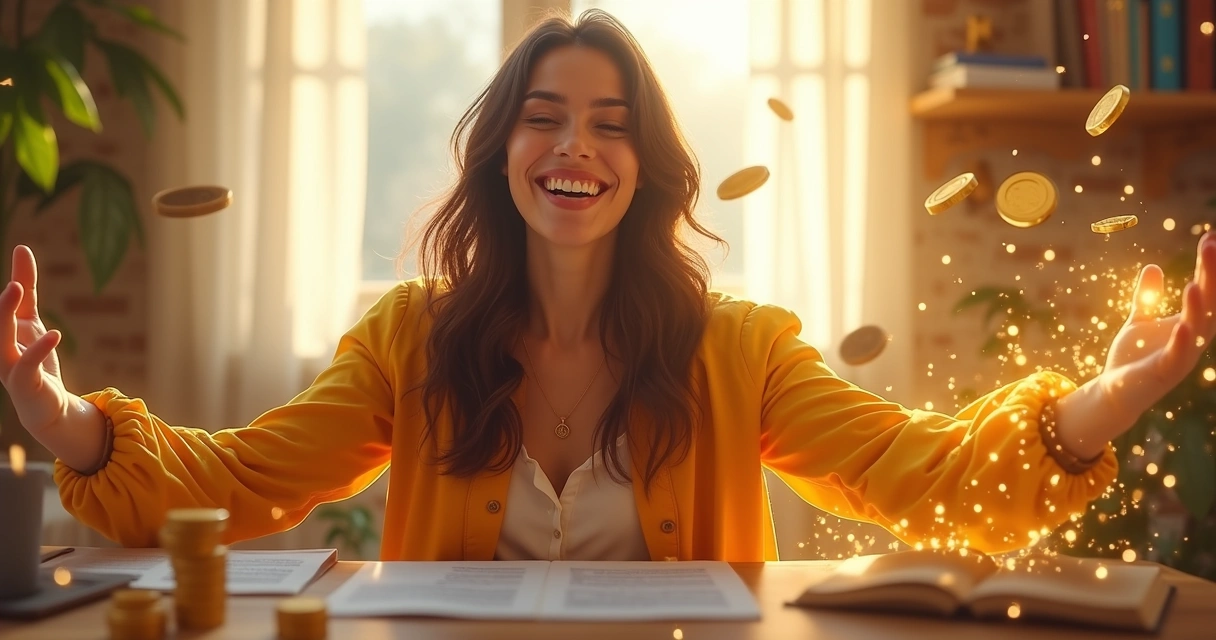 Mulher feliz com fluxo energético ilustrando prosperidade 