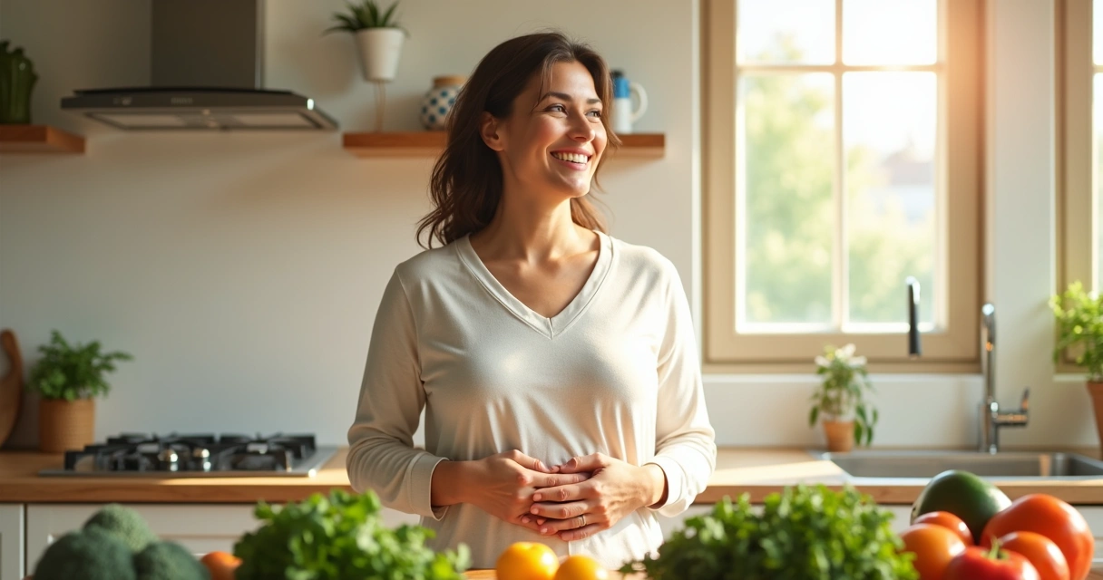Mulher sorrindo tocando o abdômen, simbolizando bem-estar intestinal 