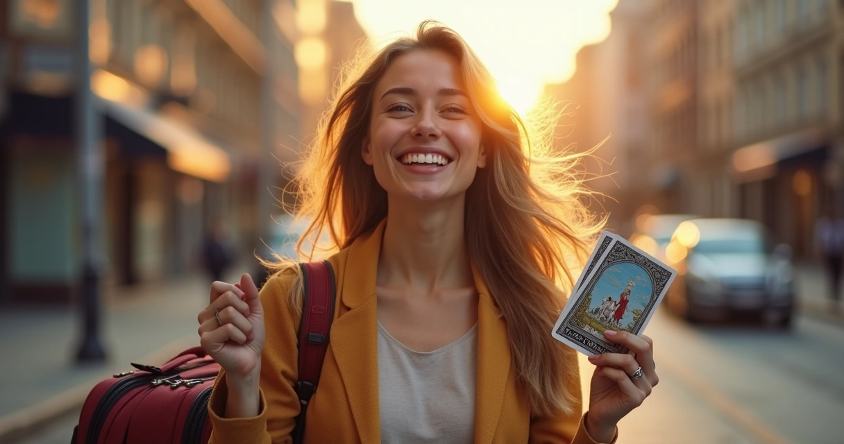 Smiling young woman with a suitcase and tarot cards held in hand