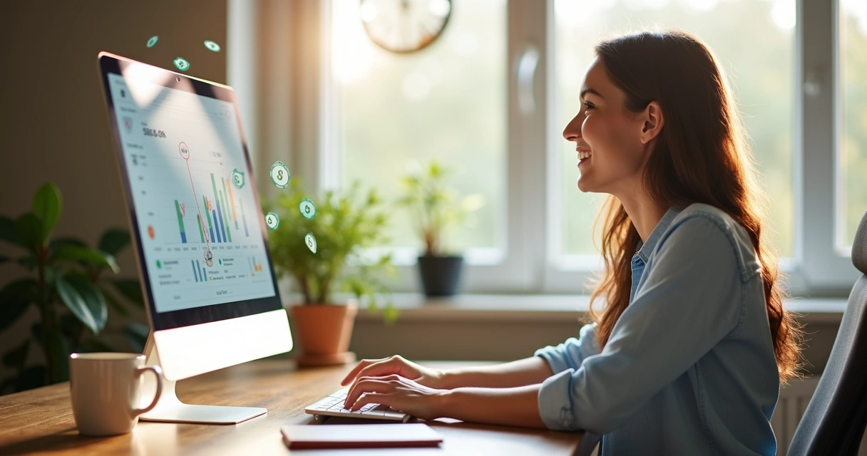 Mulher sentada à mesa, feliz, olhando para o computador com gráficos de vendas e dinheiro 