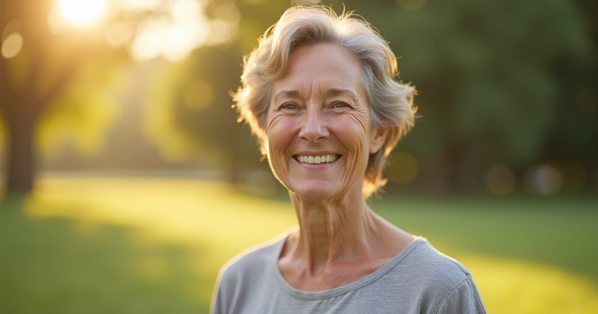 Mulher sorrindo ao ar livre após recuperar saúde ginecológica 