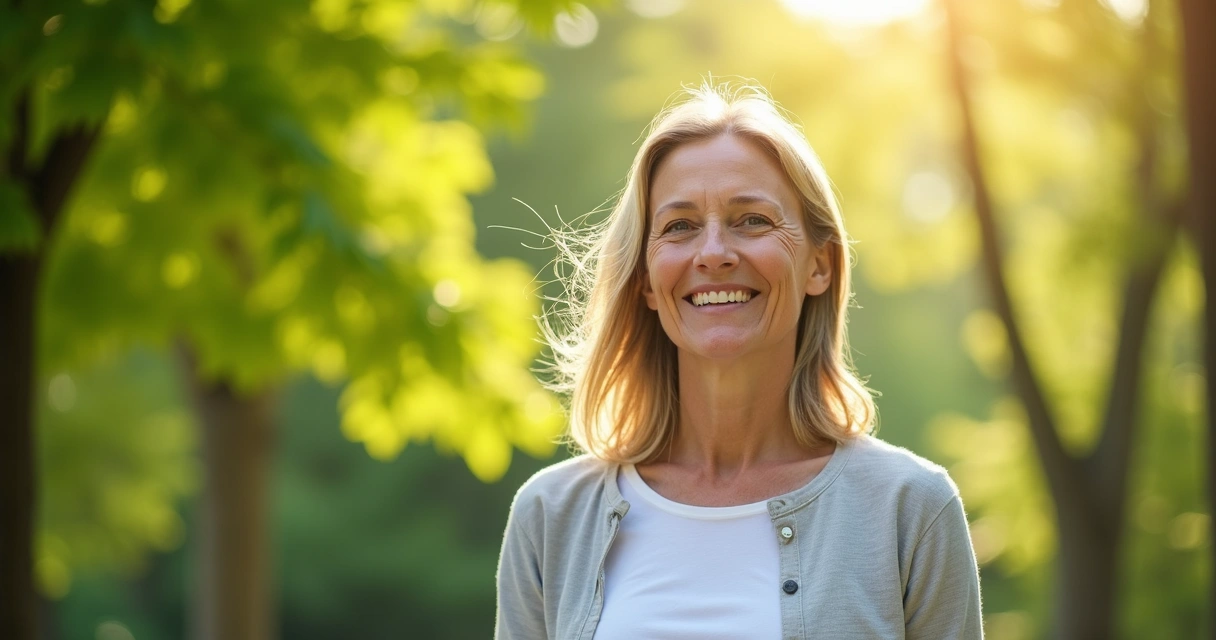 Mulher sorridente ao ar livre, cabelos ao vento e expressão de alívio e bem-estar, fundo de natureza.