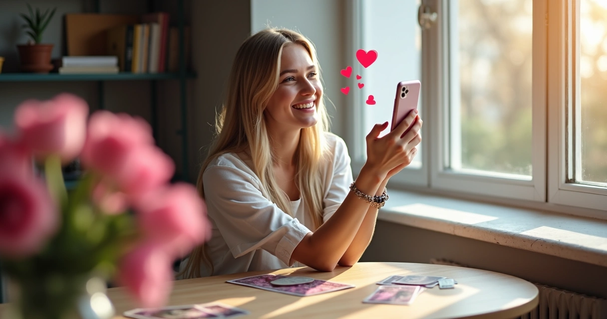 Mulher sorrindo com mensagens de tarot sobre amor 