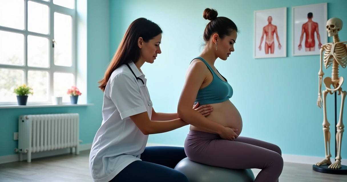 Fisioterapeuta avaliando gestante para exercício físico 