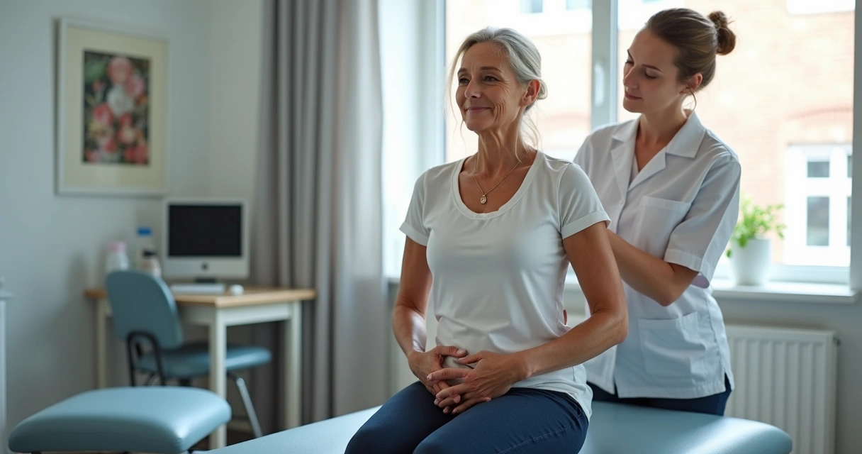 Paciente realizando fisioterapia pélvica acompanhada por fisioterapeuta em clínica. 