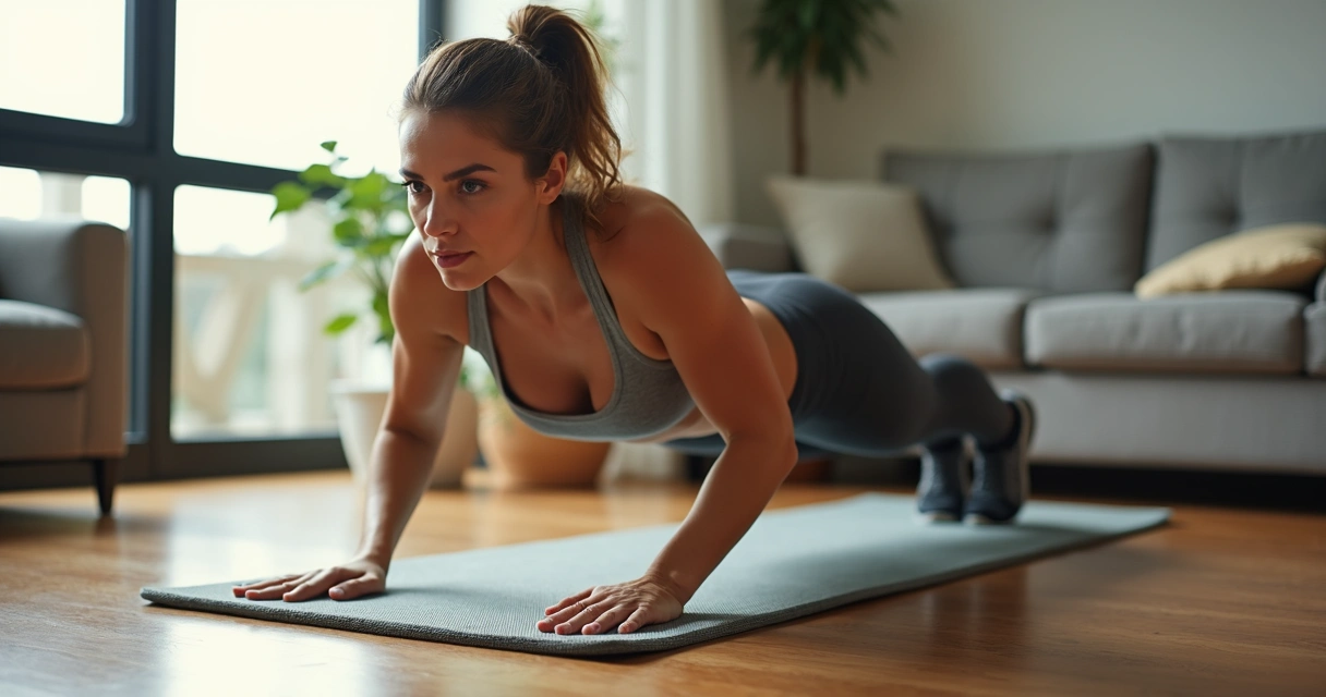 Mulher fazendo flexão fechada em casa