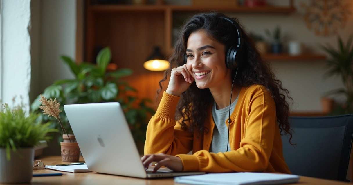Mulher concentrada estudando curso online em ambiente aconchegante 