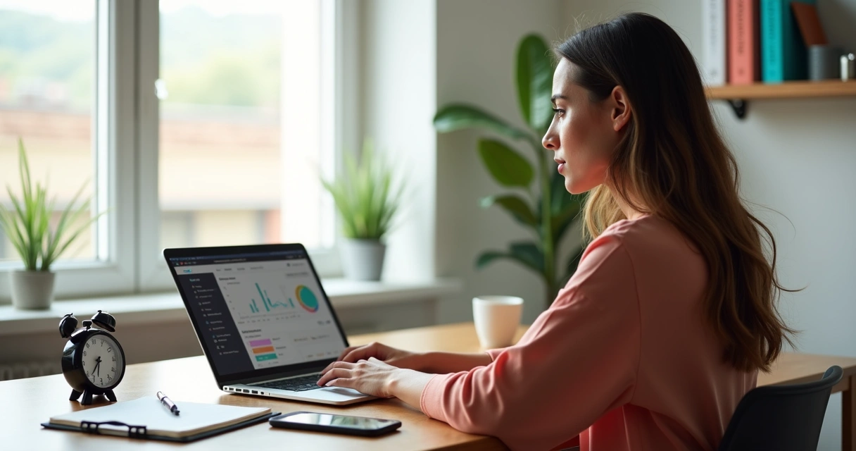 Mulher concentrada em mesa clara usando notebook e cronômetro ao lado 