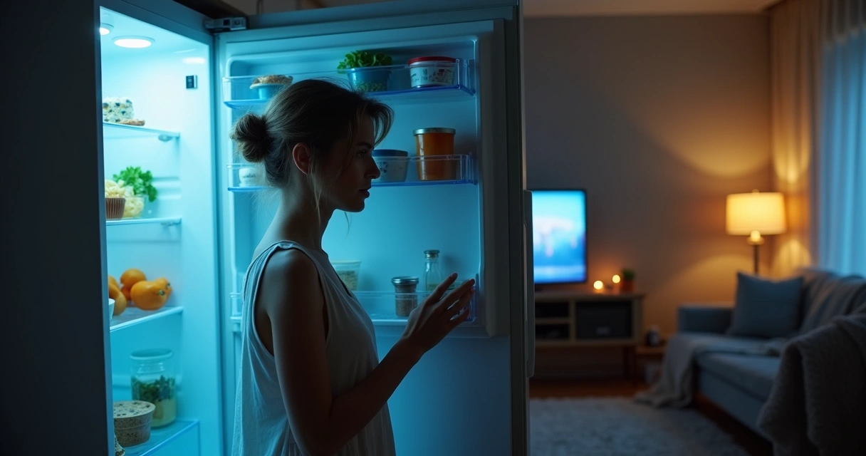 Mulher na cozinha escura à noite abrindo a geladeira acesa 