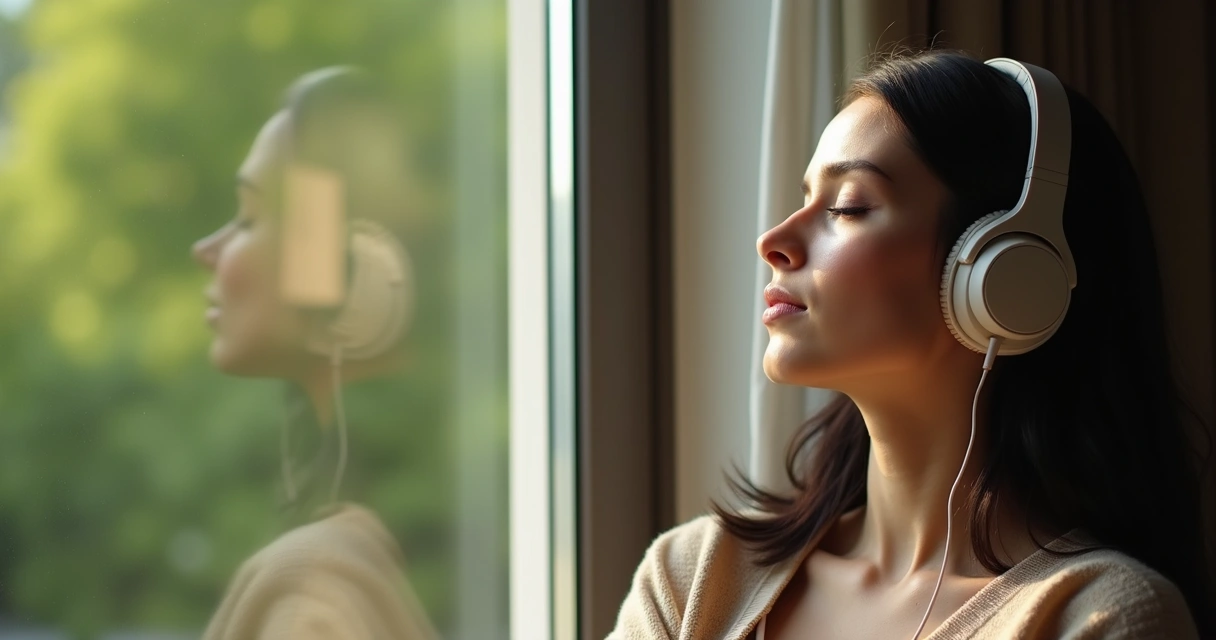 Mulher de olhos fechados ouvindo música no fone de ouvido.