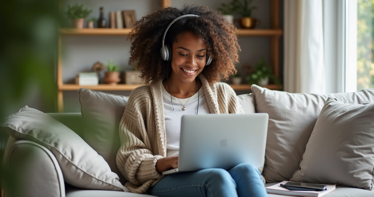 Mulher sentada em casa trabalhando como freelancer
