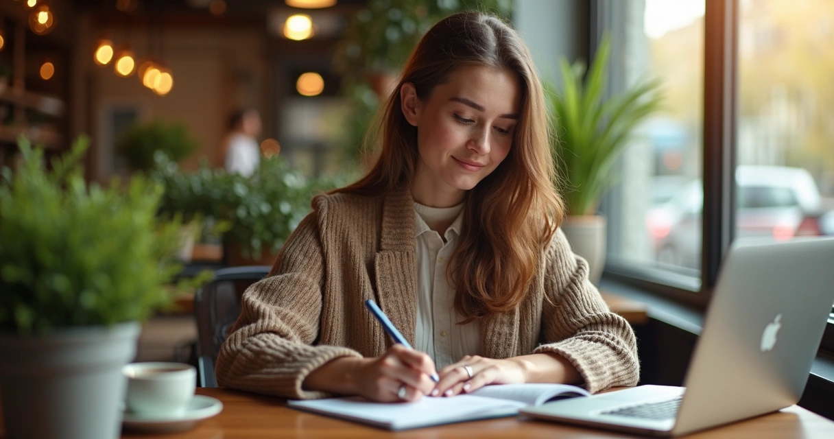 Mulher trabalhando em cafeteria com laptop e agenda aberta 