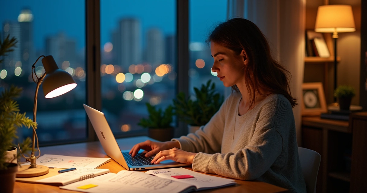 Mulher trabalha como freelancer em home office à noite com planner e notebook 
