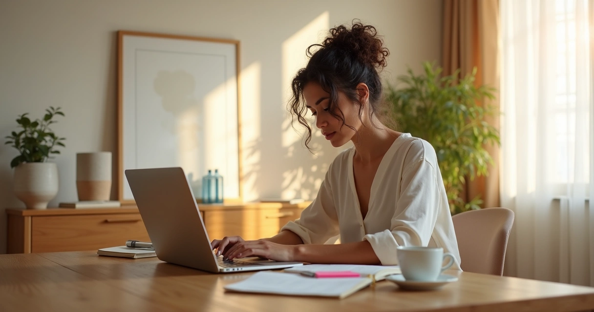 Mulher trabalhando como freelancer no notebook em casa organizada 