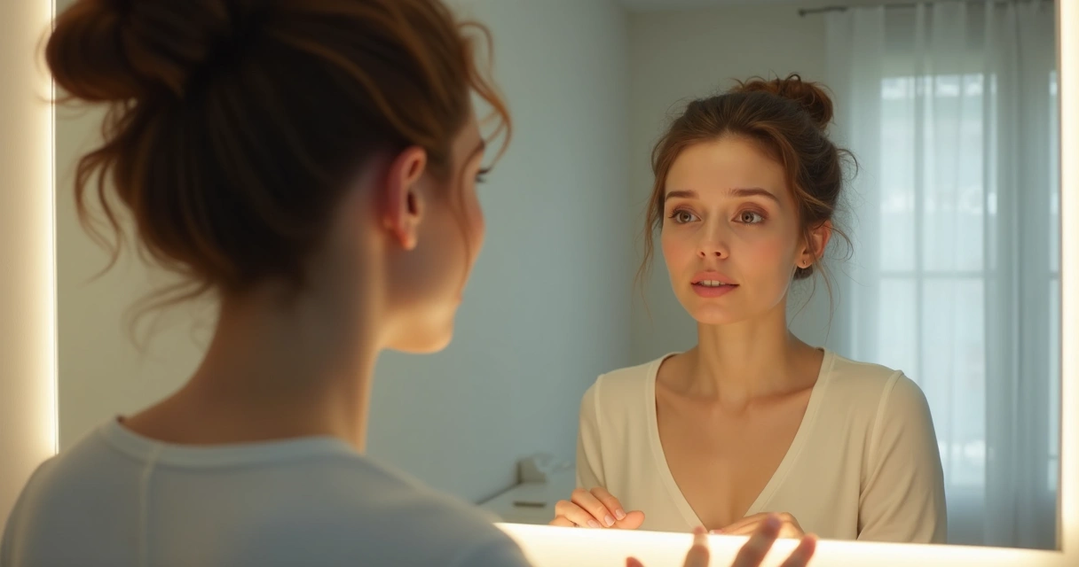 Mulher em frente ao espelho olhando para si mesma 