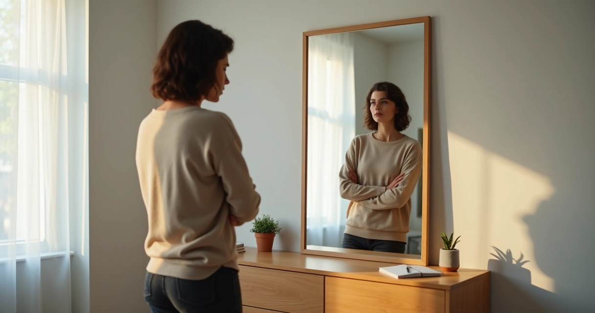 Pessoa diante do espelho dividida entre proteção e autoengano emocional 