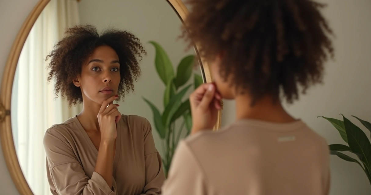 Mulher olhando para si mesma no espelho, refletindo sobre padrões inconscientes