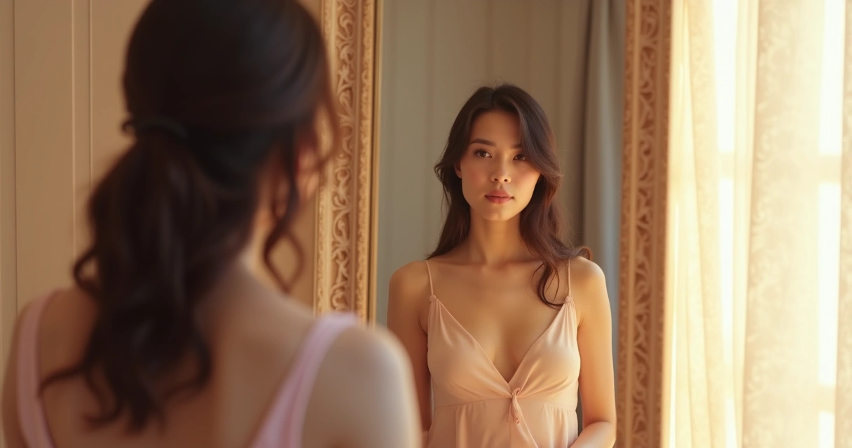 Mulher olhando para o próprio reflexo em espelho com luz suave 