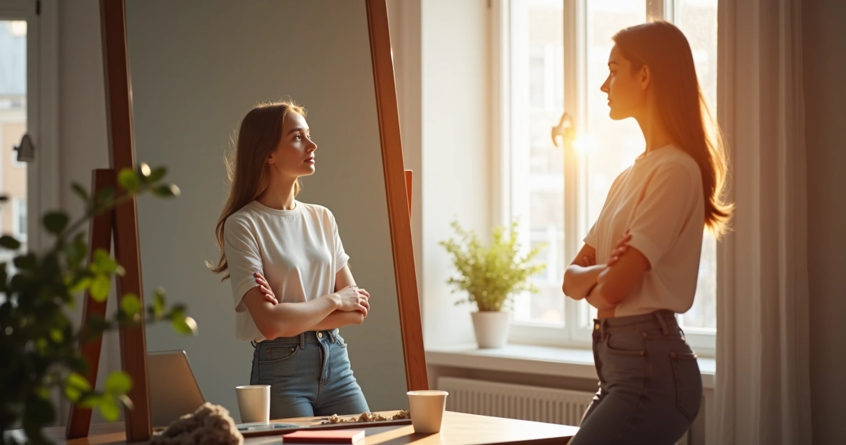 Mulher olhando para o espelho com expressão pensativa em ambiente iluminado e sereno 