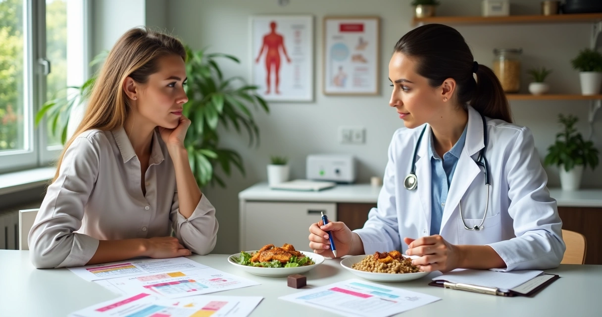 Mulher cansada olhando planilhas de dieta enquanto conversa com nutricionista em consultório 