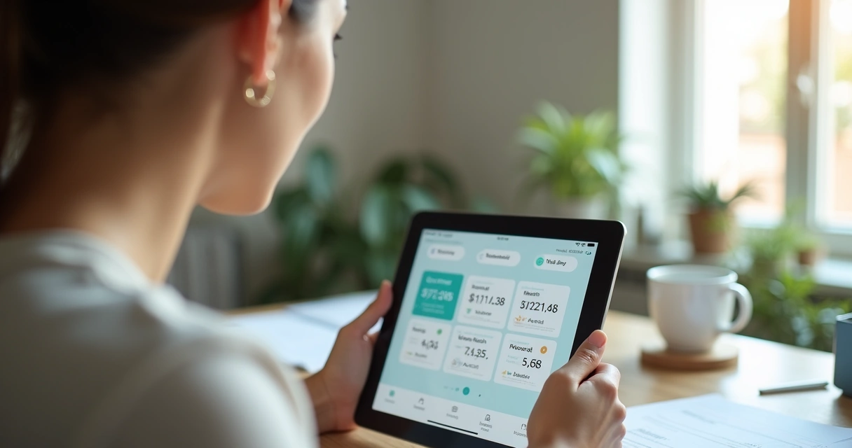 Mulher analisando notificações financeiras no tablet