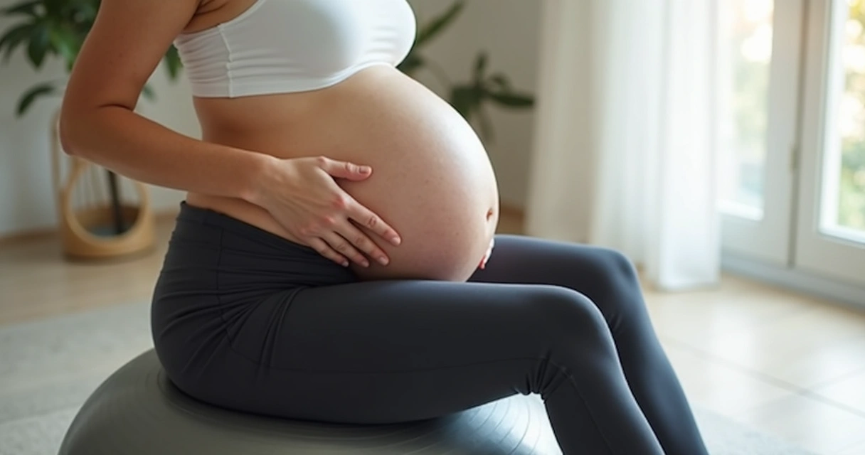 Gestante sentada em uma bola de pilates com as mãos apoiadas sobre os joelhos 