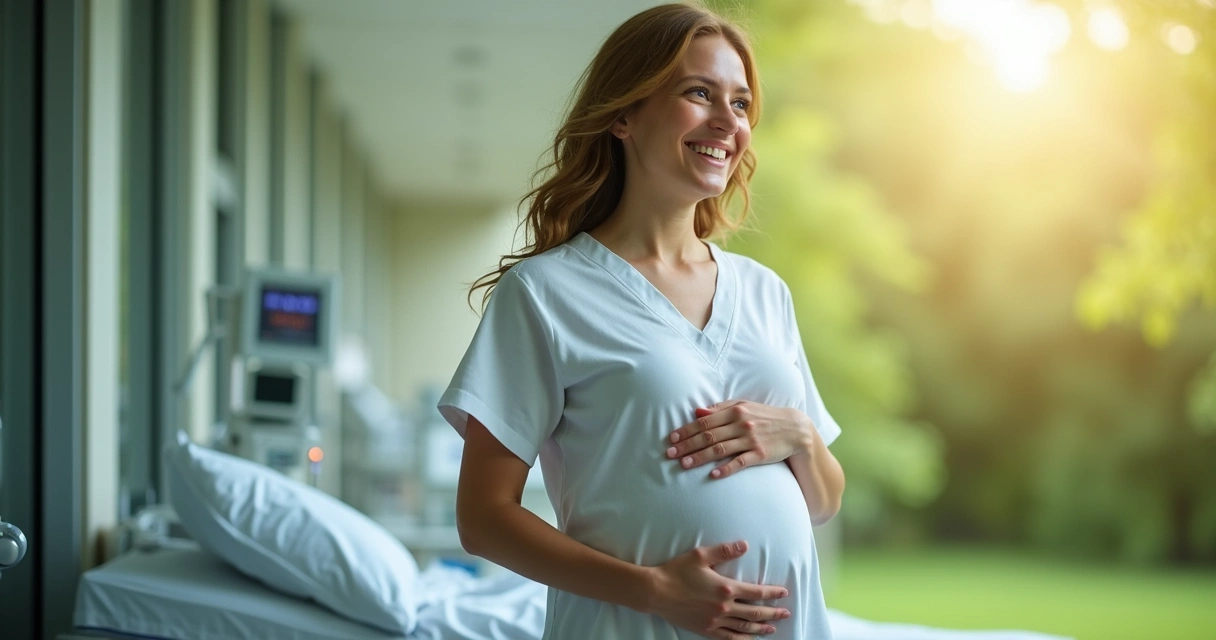 Gestante sorrindo, mão na barriga, cenário misto entre médico e natureza 