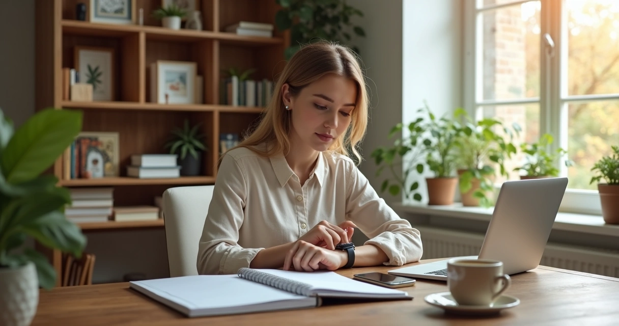 Mulher trabalhando em escritório em casa com organização e gestão de tempo 