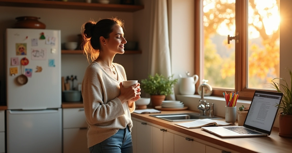 Mulher em cozinha iluminada fazendo pausa com xícara nas mãos 
