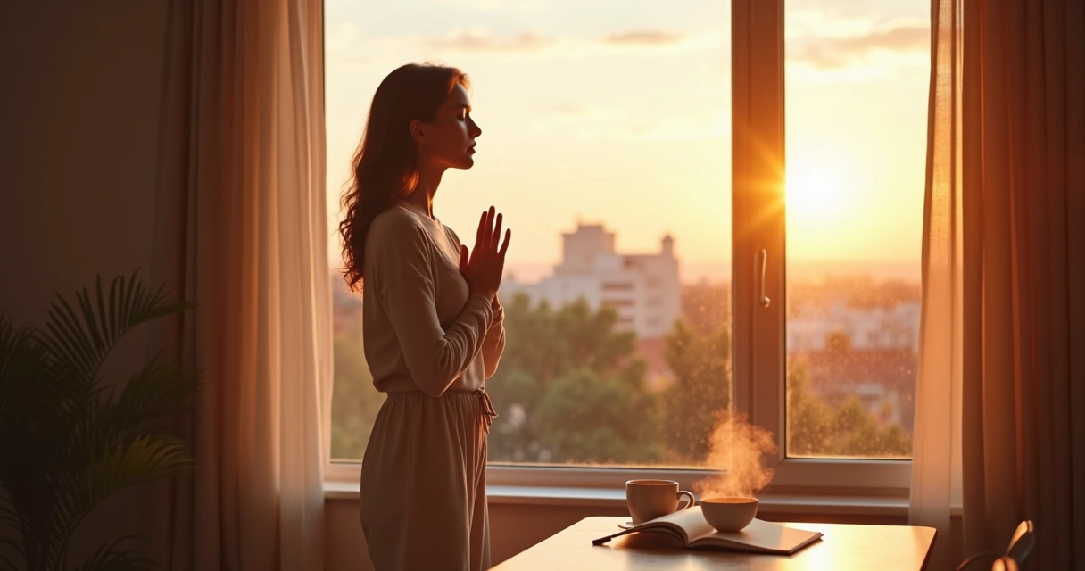 Mulher com as mãos no coração olhando pela janela ao amanhecer 