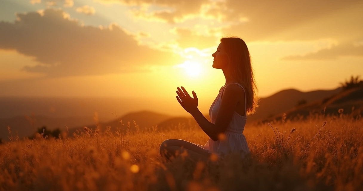 Mulher de mãos postas em oração ao amanhecer em um campo aberto, expressando gratidão e serenidade espiritual 