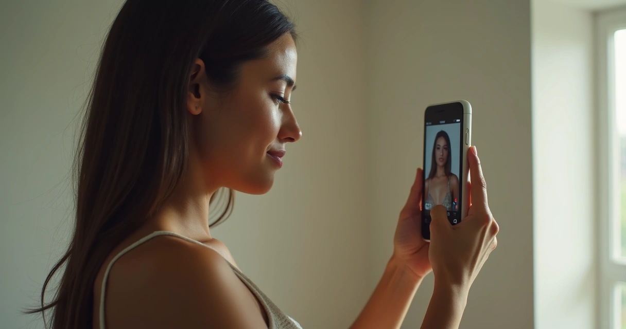 Woman holding a smartphone recording a vertical video with soft lighting in the background.