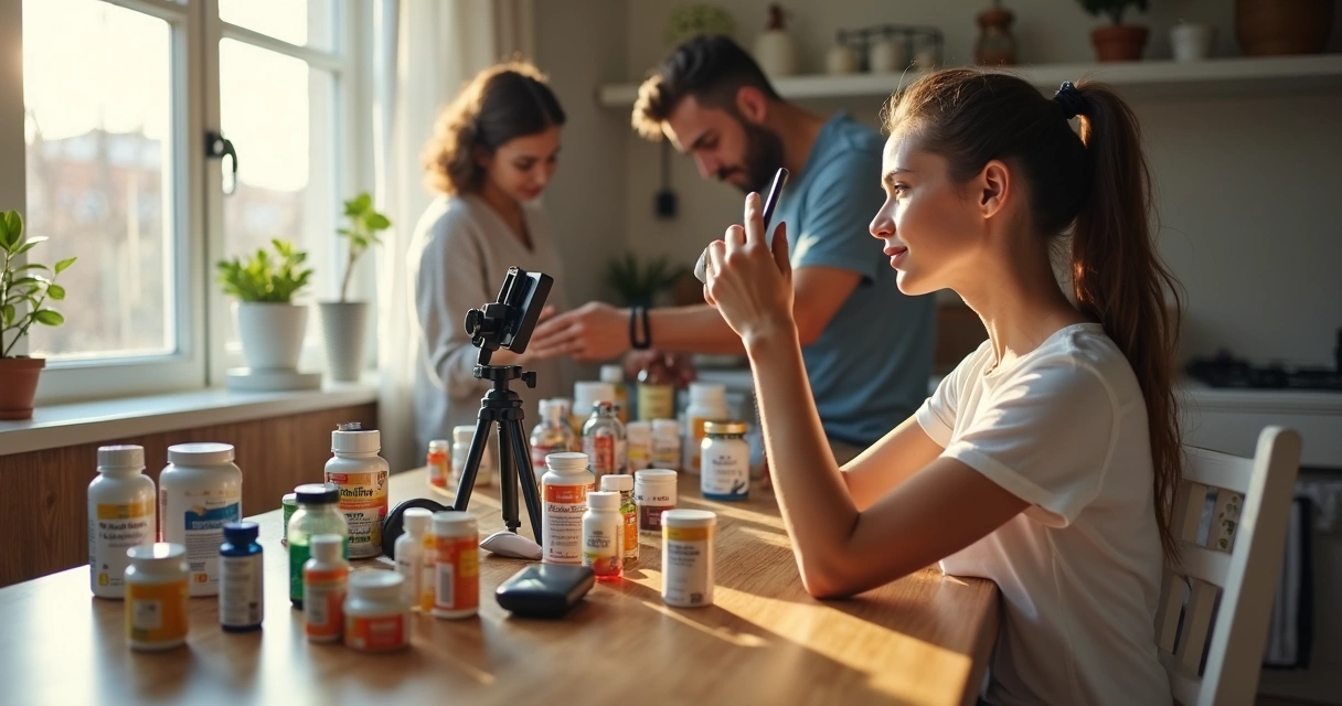 Mulher gravando vídeos com produtos na mesa 