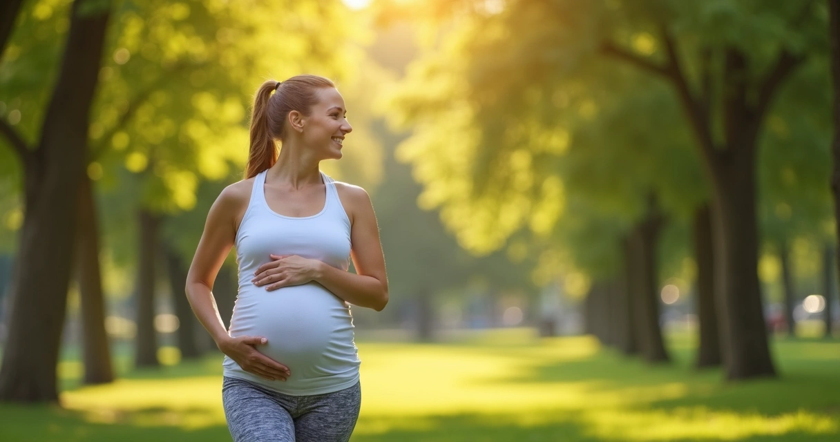 Mulher grávida caminhando em parque ensolarado, com árvores ao fundo e sorriso no rosto. 