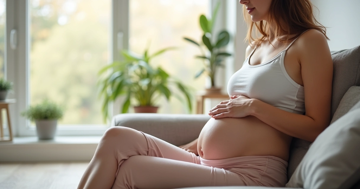 Mulher gestante praticando exercício de Kegel sentada, com expressão de concentração 
