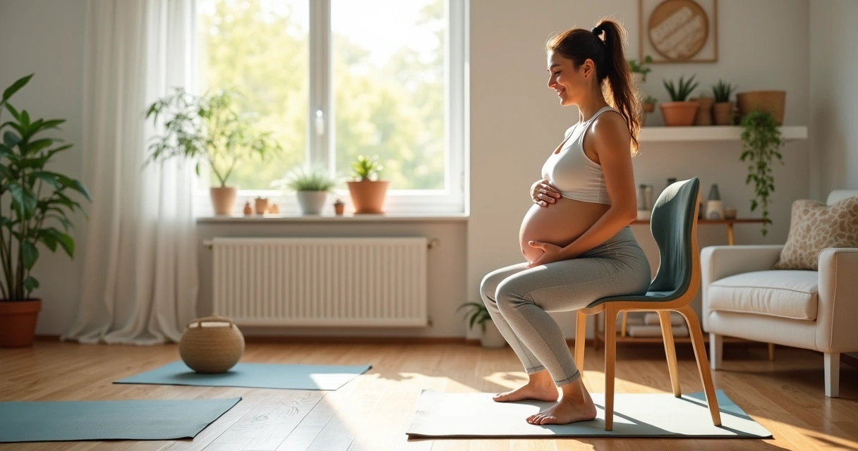 Gestante praticando exercício físico em casa, sorrindo 