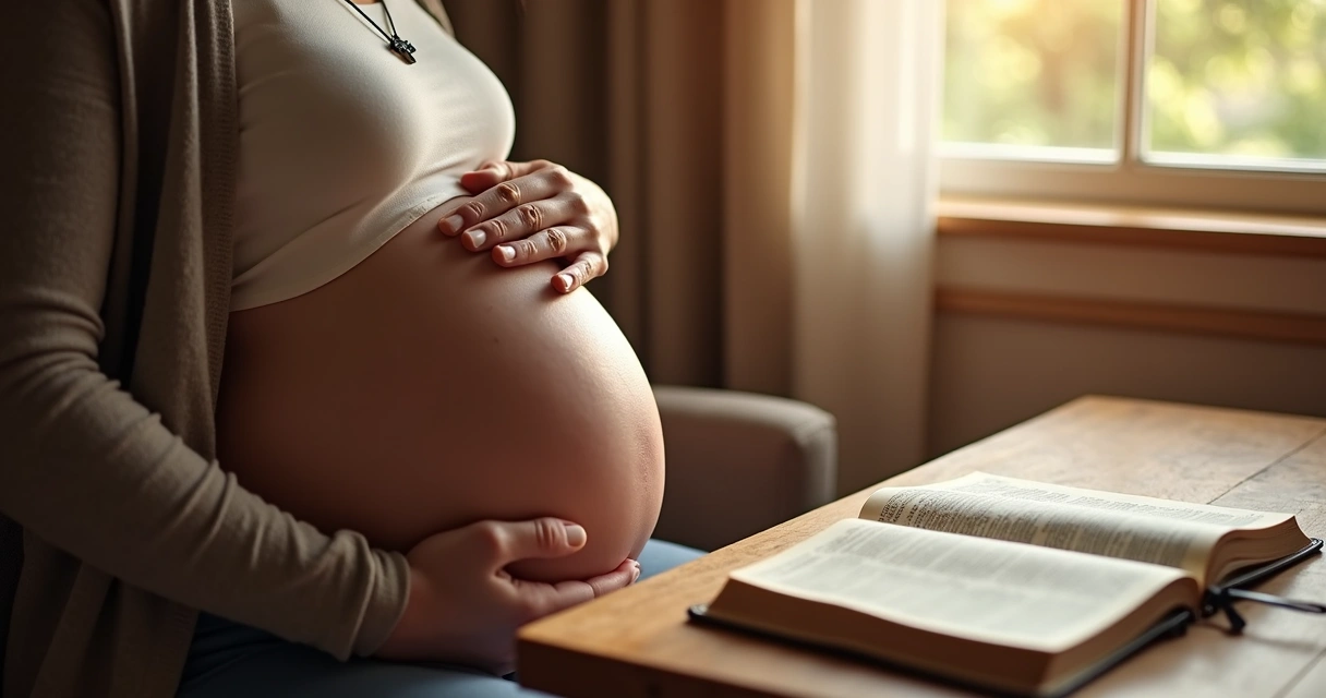 Mulher grávida tocando a barriga, sorrindo em um ambiente iluminado, com Bíblia aberta ao lado numa mesa 
