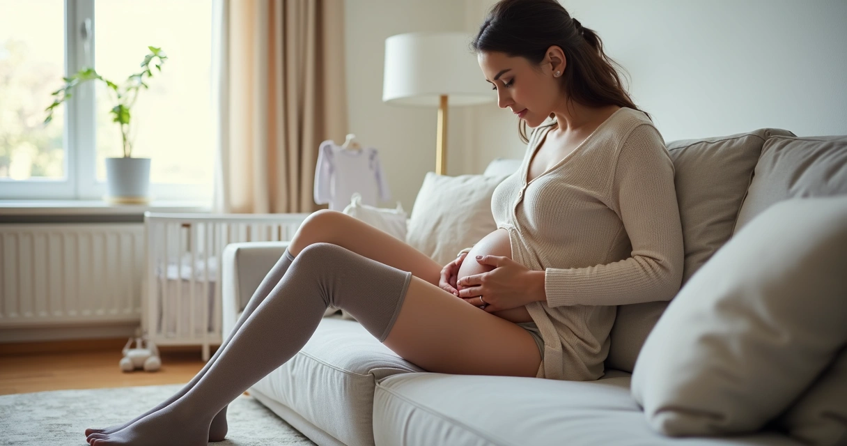 Mulher grávida sentada usando meias de compressão nas pernas