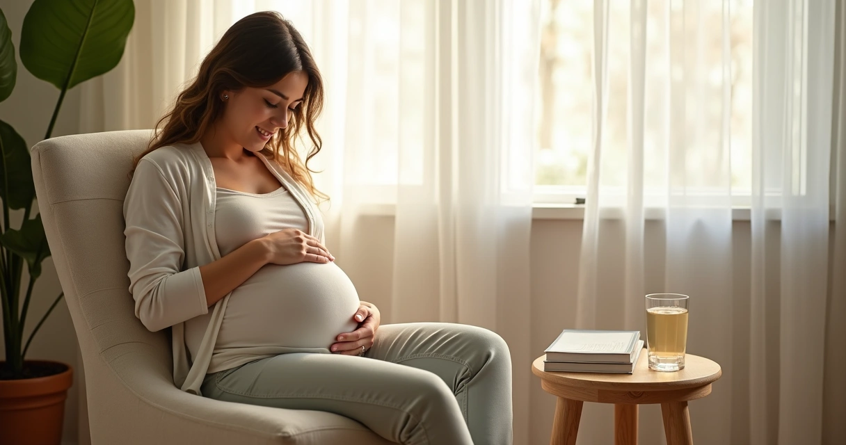 Mulher grávida descansando com expressão serena 