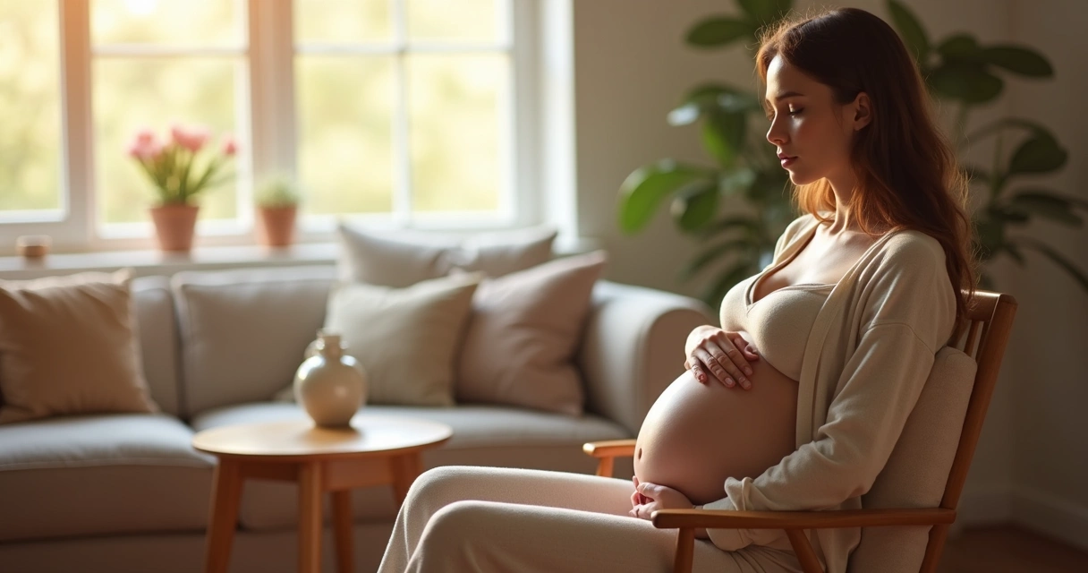 Mulher grávida sentada sozinha em uma cadeira, em ambiente doméstico iluminado, vestindo roupa confortável clara 