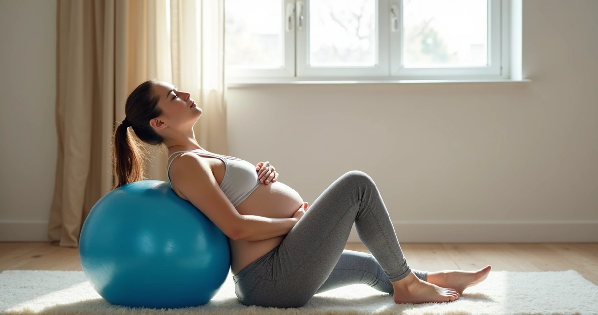 Gestante faz exercícios pélvicos com bola 