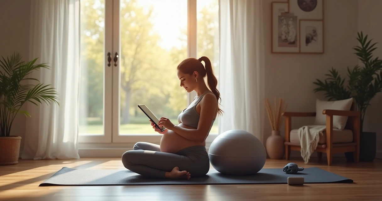 Gestante realizando exercícios de baixo impacto em casa com colchonete, bola de ginástica e aplicativos abertos 