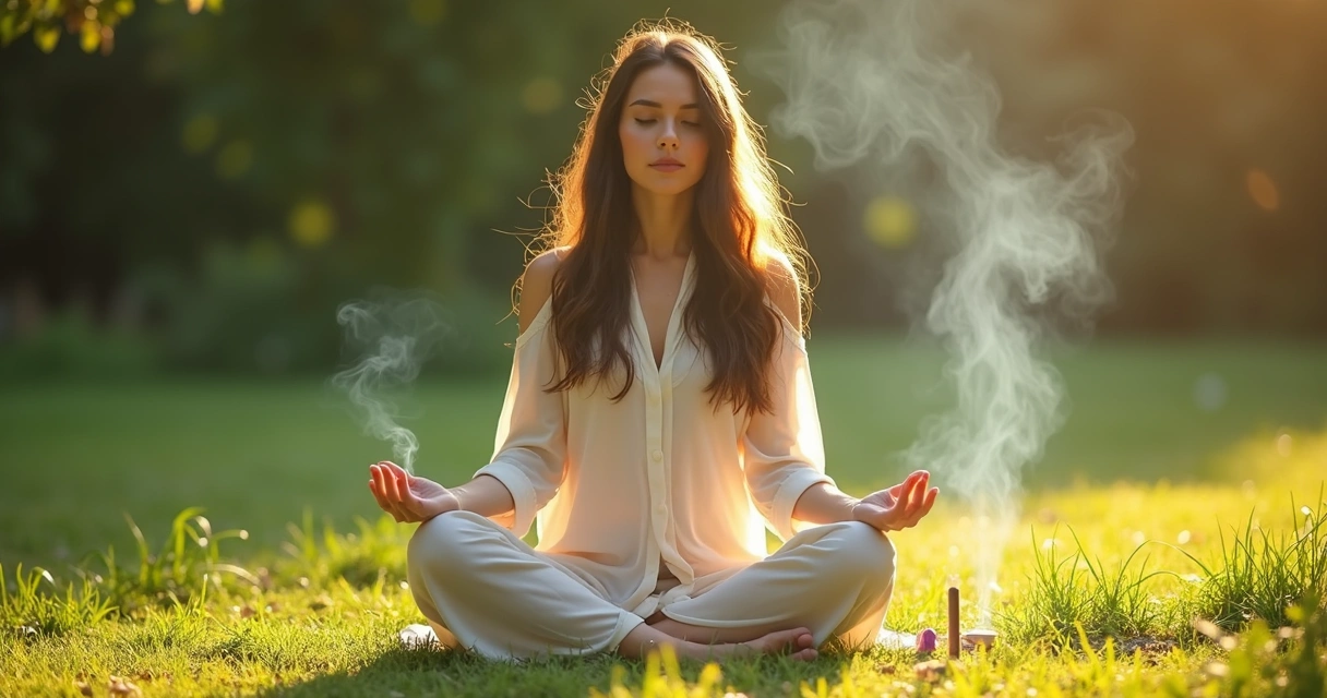 Mulher sentada no chão, de olhos fechados, tocando a grama com as mãos, parecendo relaxada após ritual espiritual. 