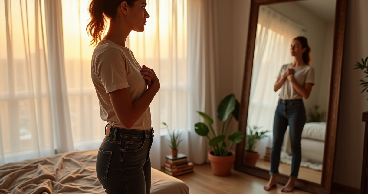 Mulher observando o próprio reflexo com postura de força e confiança 