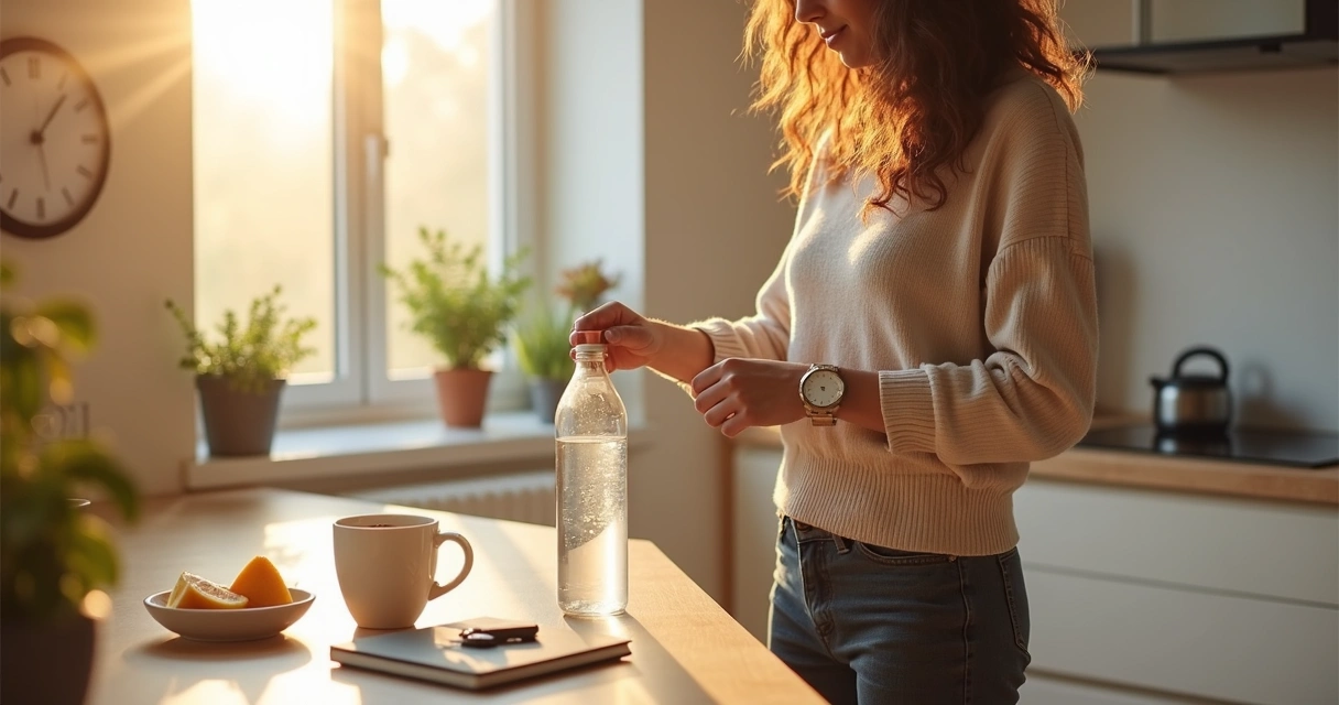 Mulher ajustando relógio de pulso enquanto prepara café em cozinha organizada 