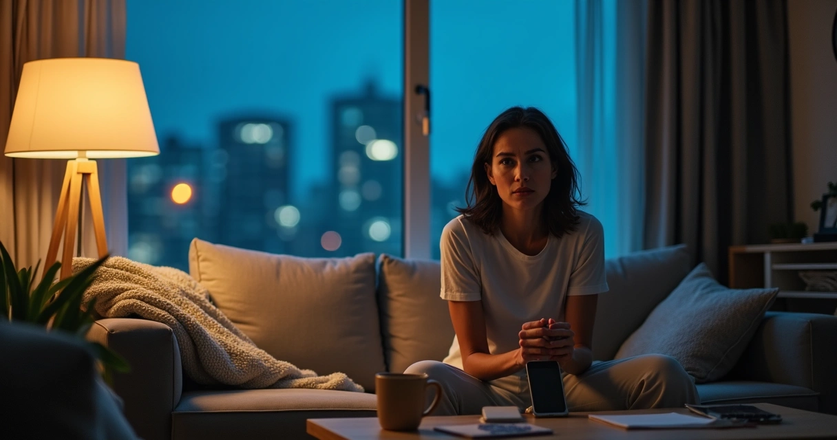 Mulher sentada no sofá à noite em estado de hiperalerta olhando para a janela 